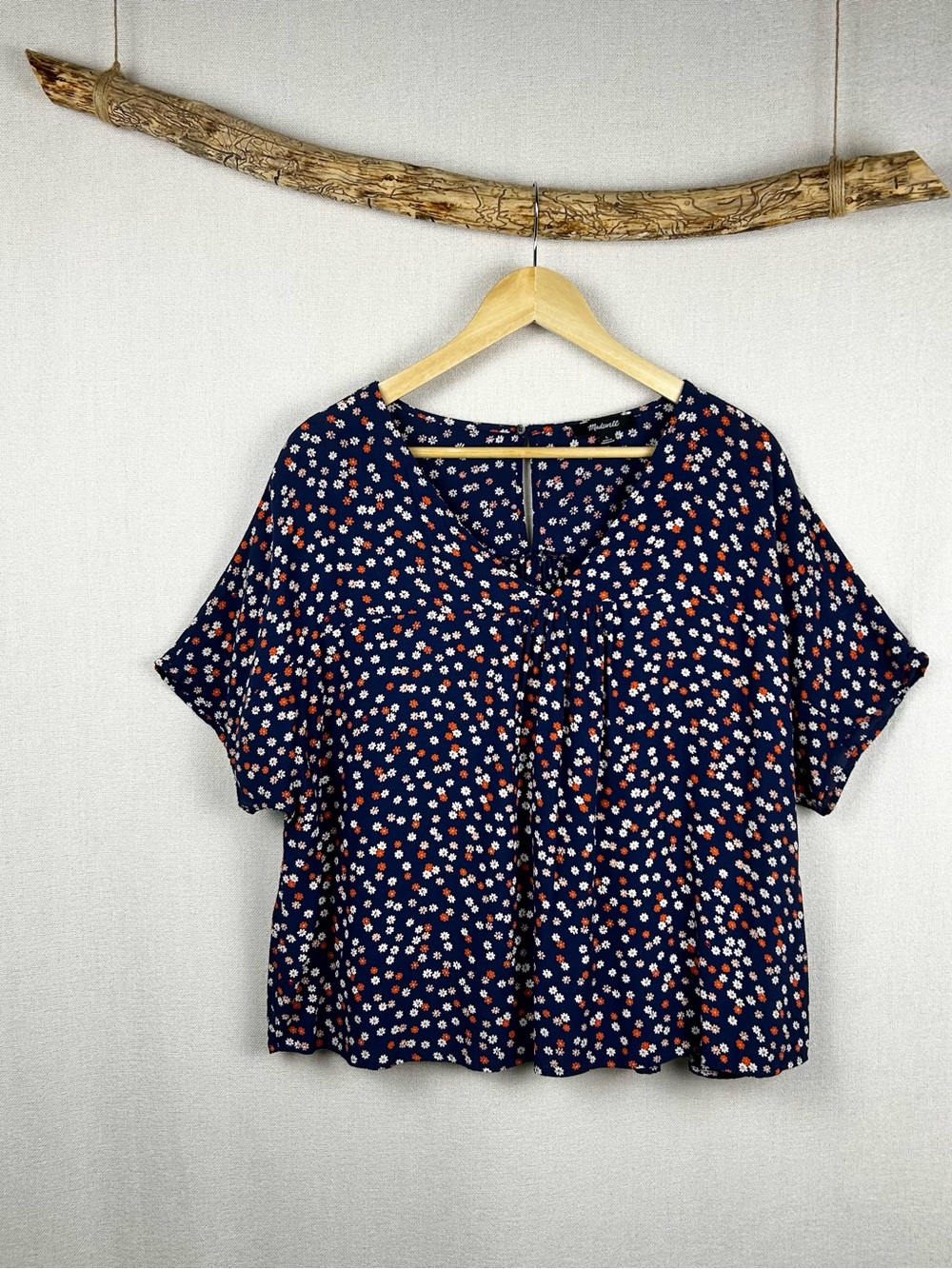 Madewell Navy Blue Floral Tie-Neck Blouse